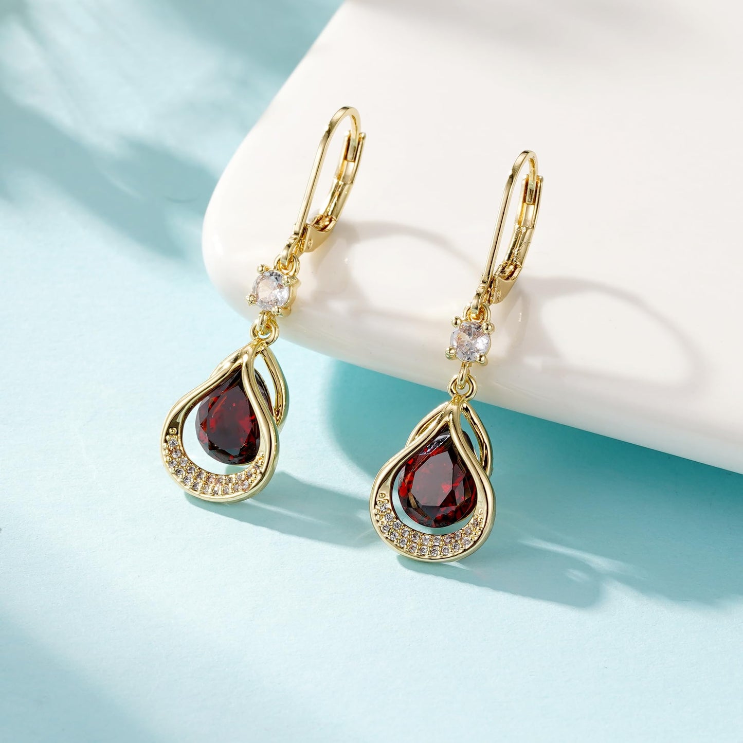 Dangle Trendy Leverback Birthstone Earrings 14K Gold Plated Teardrop Dangle Earrings Jewelry Christmas Birthday Gifts for Women (Gold July)
