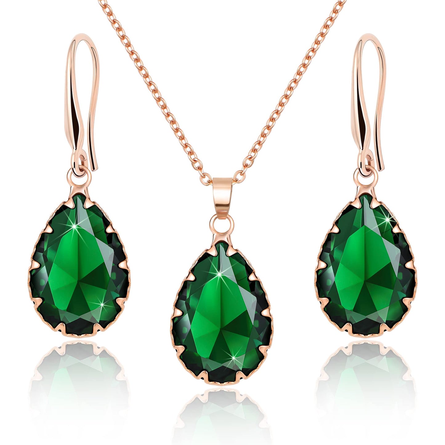 Linawe Emerald Green Crystal Rose Gold Jewelry Sets for Women, Pendant Matching Necklace Set, Imitation Diamond Drop Dangle Teardrop Earrings Set, Rhinestone Jewelry Wedding Bridal Bridesmaid