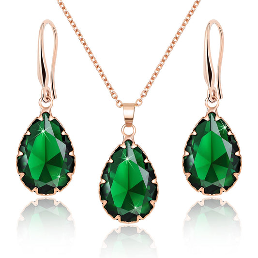 Linawe Emerald Green Crystal Rose Gold Jewelry Sets for Women, Pendant Matching Necklace Set, Imitation Diamond Drop Dangle Teardrop Earrings Set, Rhinestone Jewelry Wedding Bridal Bridesmaid
