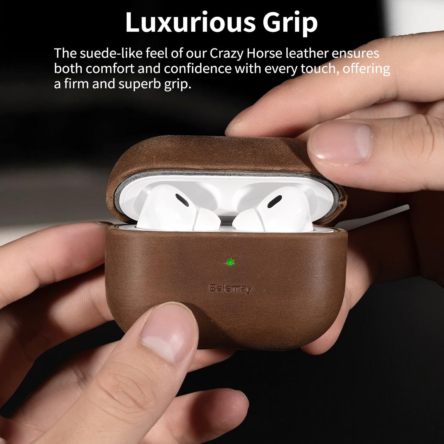 Belemay Handcrafted Crazy Horse Leather Case for AirPods Pro 3rd Gen (2025), Vintage Aesthetic, Two-Tone Effect, Unique Patina, Compatible with MagSafe, Compatible with Airpods Pro 3, Vintage Brown