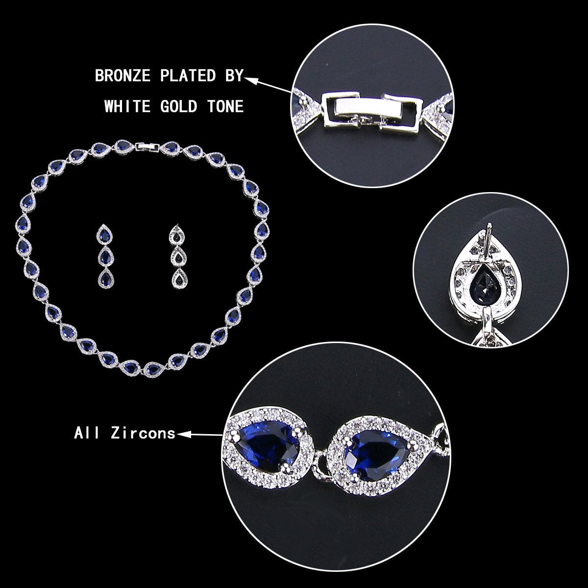 EVER FAITH Elegant CZ September Birthstone Teardrop Necklace Bracelet Earrings Set Blue Sapphire-Color