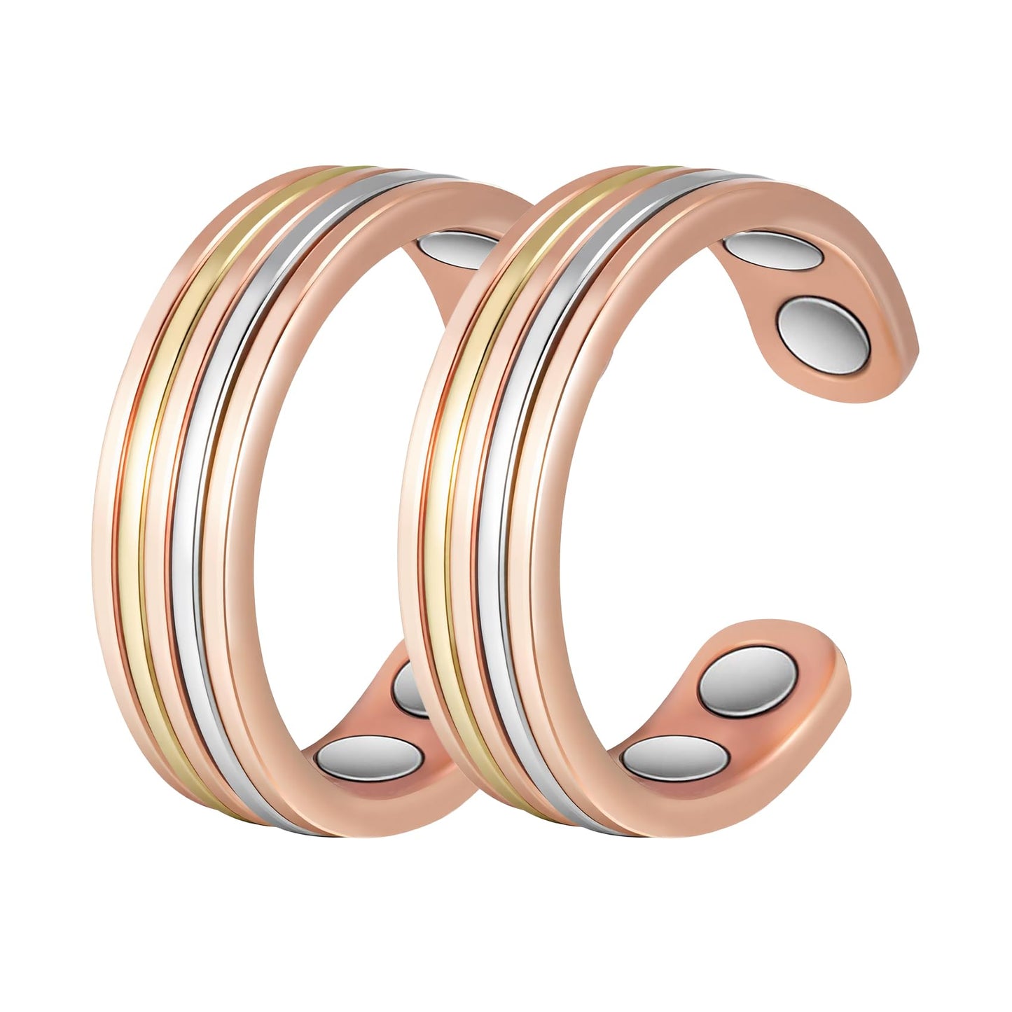 MagSølv 2PCS Copper Rings for Women, 99% Pure Copper Adjustable Magnetic Ring with 3500 Gauss, Tricolor Gold Jewelry Gift