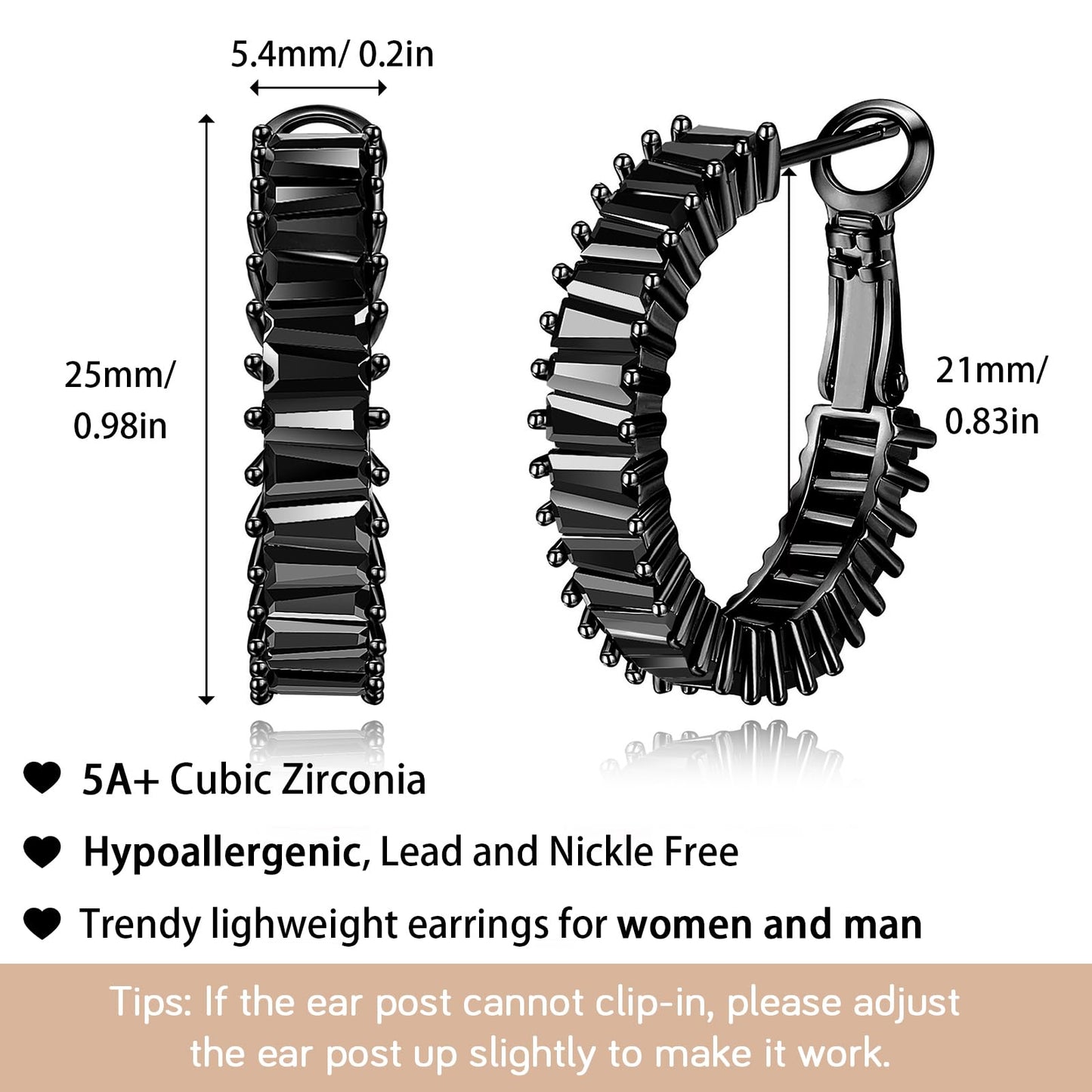 GLOQUAT CZ Black Hoop Earrings for Women Man Vintage Black Baguette Cubic Zirconia Hoop Earrings Fashion Round Circle Hoops Earrings for Couple Trandy Lightweight and Hypoallergenic Jewelry 25mm