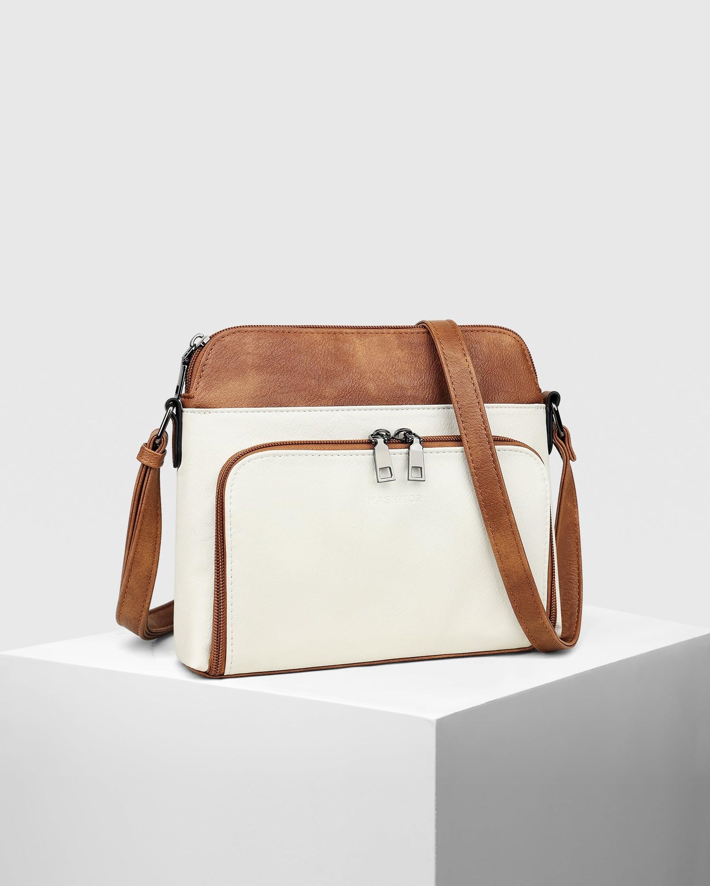 MASINTOR Crossbody Purse Bags for Women, Multi-Pocket Soft Leather Shoulder Purse, Lightweight Travel Handbag with Adjustable Strap Gypsum White with Brown