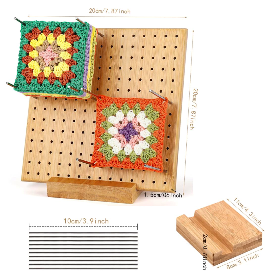 Crochet Blocking Board Handcrafted Knitting Blocking Mat with 20 Stainless Steel Rod Pins Bamboo Crocheting Accessories for Granny Squares Crocheters 7.87 Inches