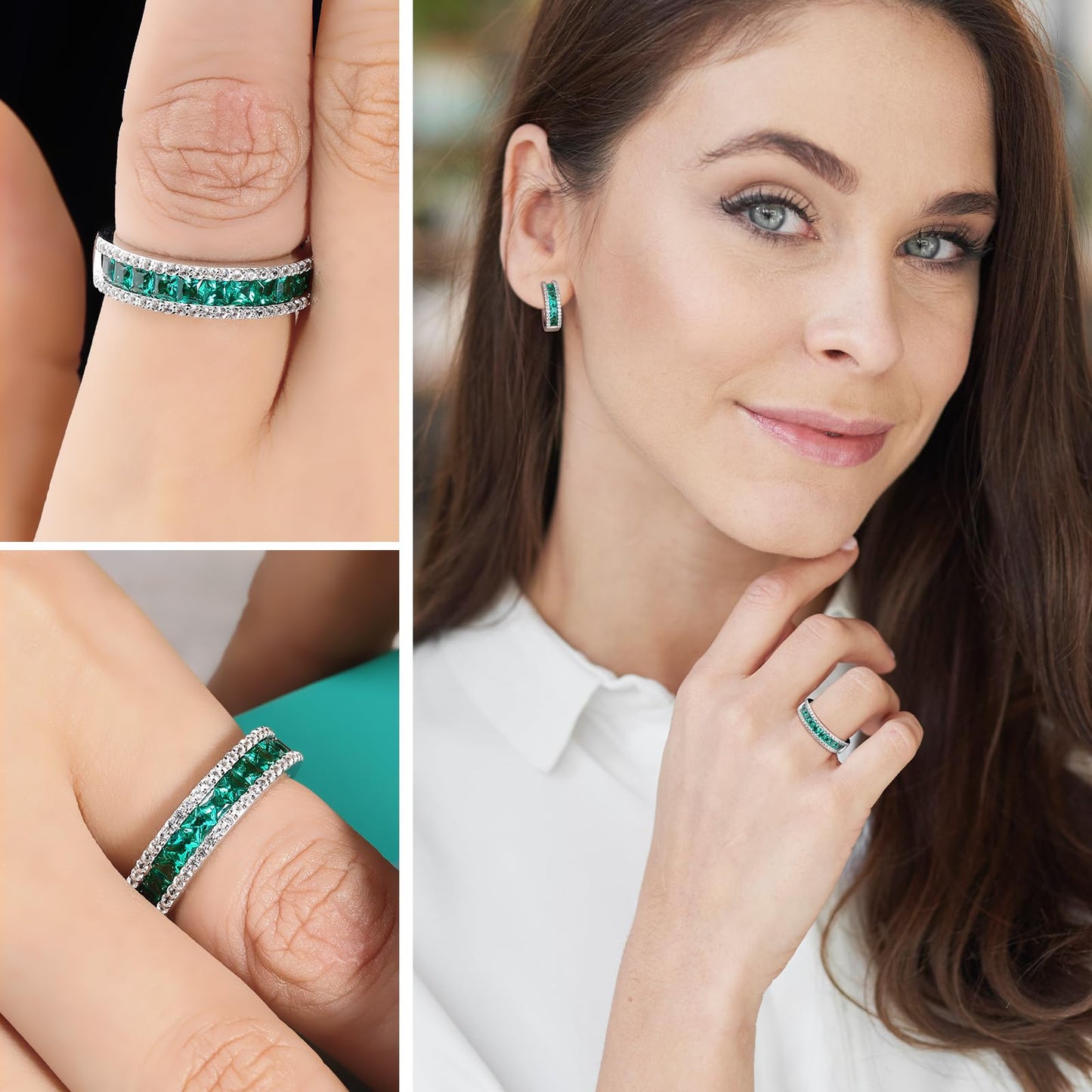 RANDES Emerald Eternity Ring 925 Sterling Silver Created Green Stone Emerald Engagement Wedding Band Rings for Women Men Size 8.5