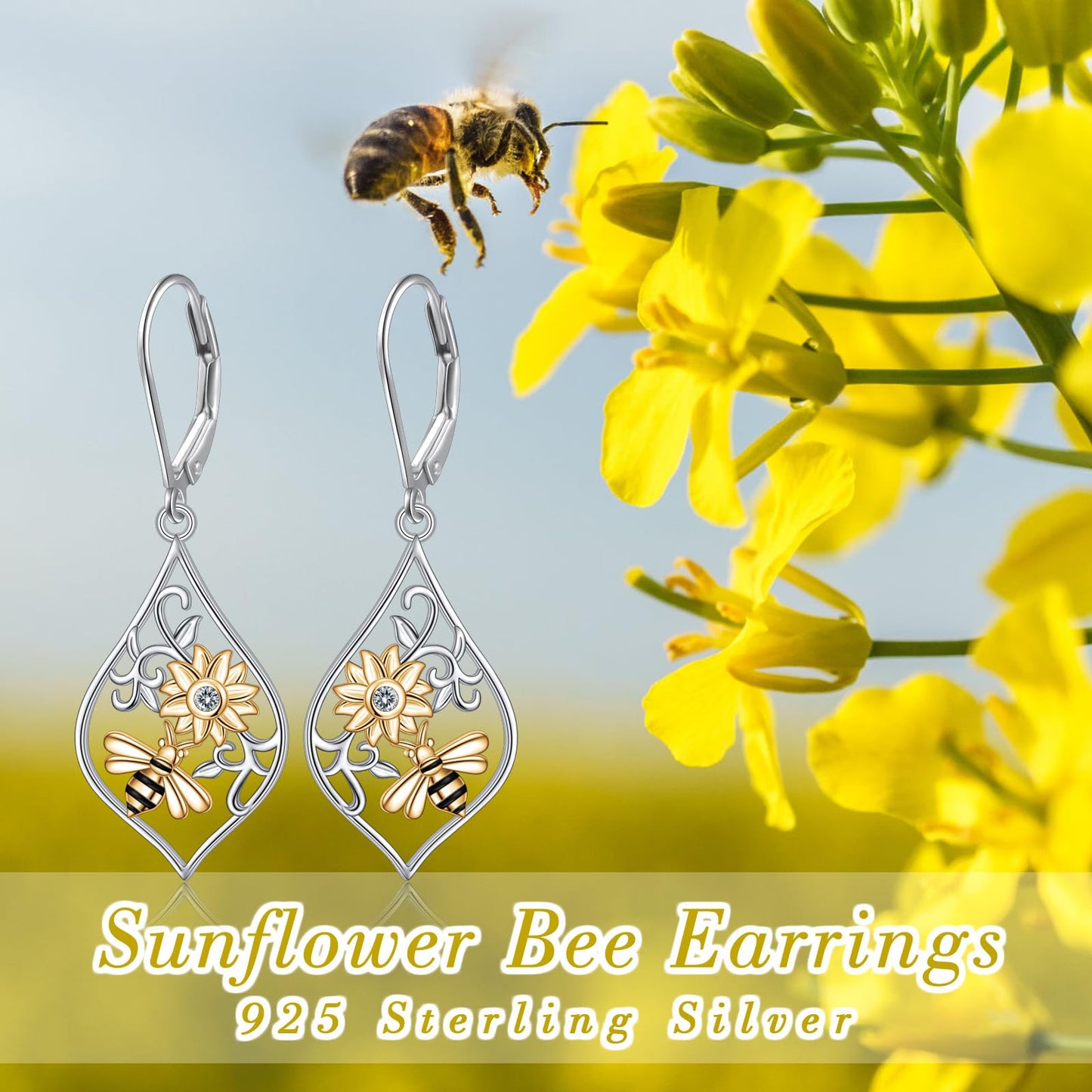 SHAOAN 925 Sterling Silver Sunflower Bee Dangle Drop Earrings for Women Flower Earring Jewelry Gifts for Anniversary Mother’s Day Birthday