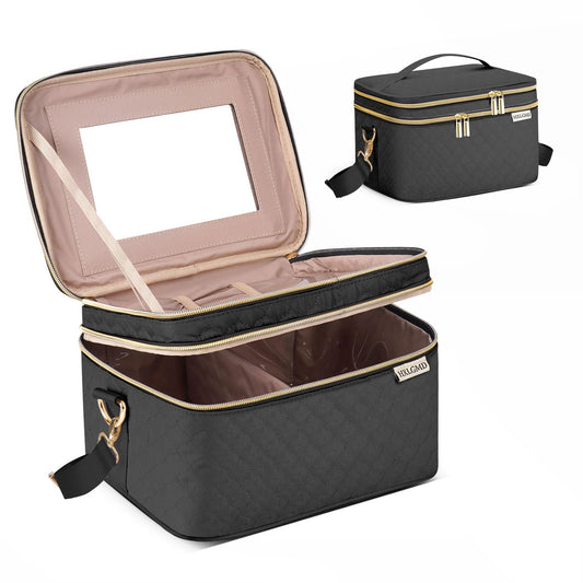 HXLGMD Double Layer Travel Makeup Bag Women, Cosmetic Organizer Case, Travel Essentials Accessories with Shoulder Strap for Bottles, Brushes, Conditioner, Skin Care Products, Black