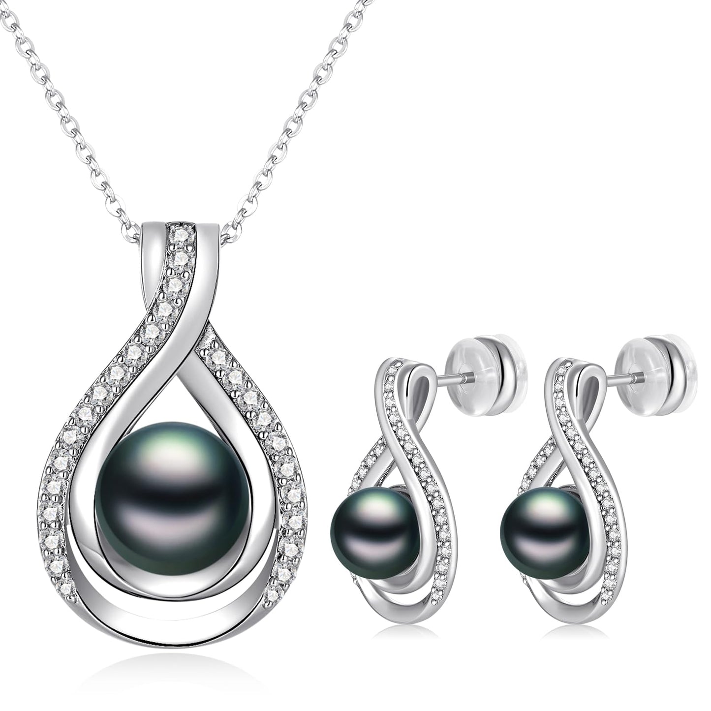 LOIPURI Infinity Black Pearl Necklace and Earrings Set for Women Gifts for Mom Birthday Mothers Day AAA+Handpicked Pearl White Gold Plated Adjustable Jewelry