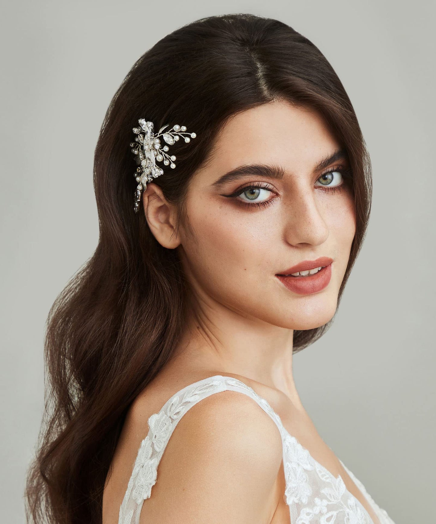 SWEETV Silver Bridal Hair Comb for Wedding Hair Accessories, Handmade with Crystals, Pearls, and Leaves, 4.72 x 2.75 inches, for Brides, Women