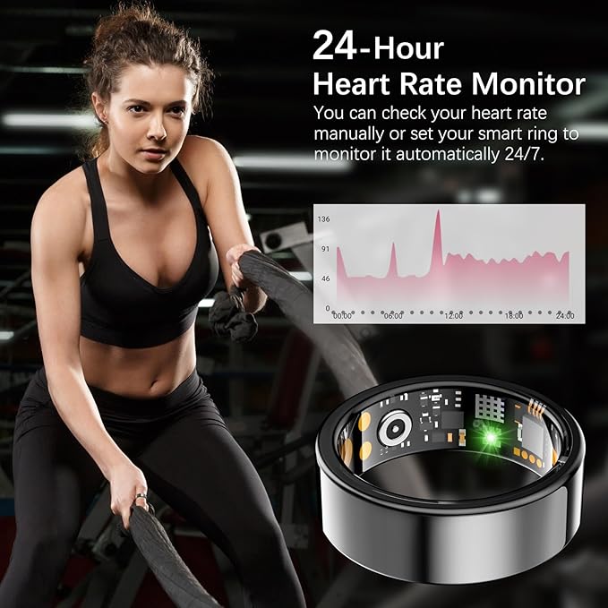 Ring Health Tracker for Women Men, Fit Ring with Heart Rate, Blood Oxygen, Sleep Monitor, Calories, Step Counter, IP68 Waterproof Smart Ring for iPhone & Android, No Subscription Fee (Black, 7#)