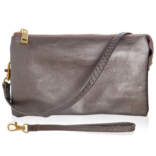 Clutch Purse Wristlets for Women - Dark Silver Vegan Leather Clutch Purses for Women, Metallic Gunmetal Crossbody Small Wristlet Wallets, Bronze Crossbody Handbag, Vegan Leather Bag with Wrist Strap