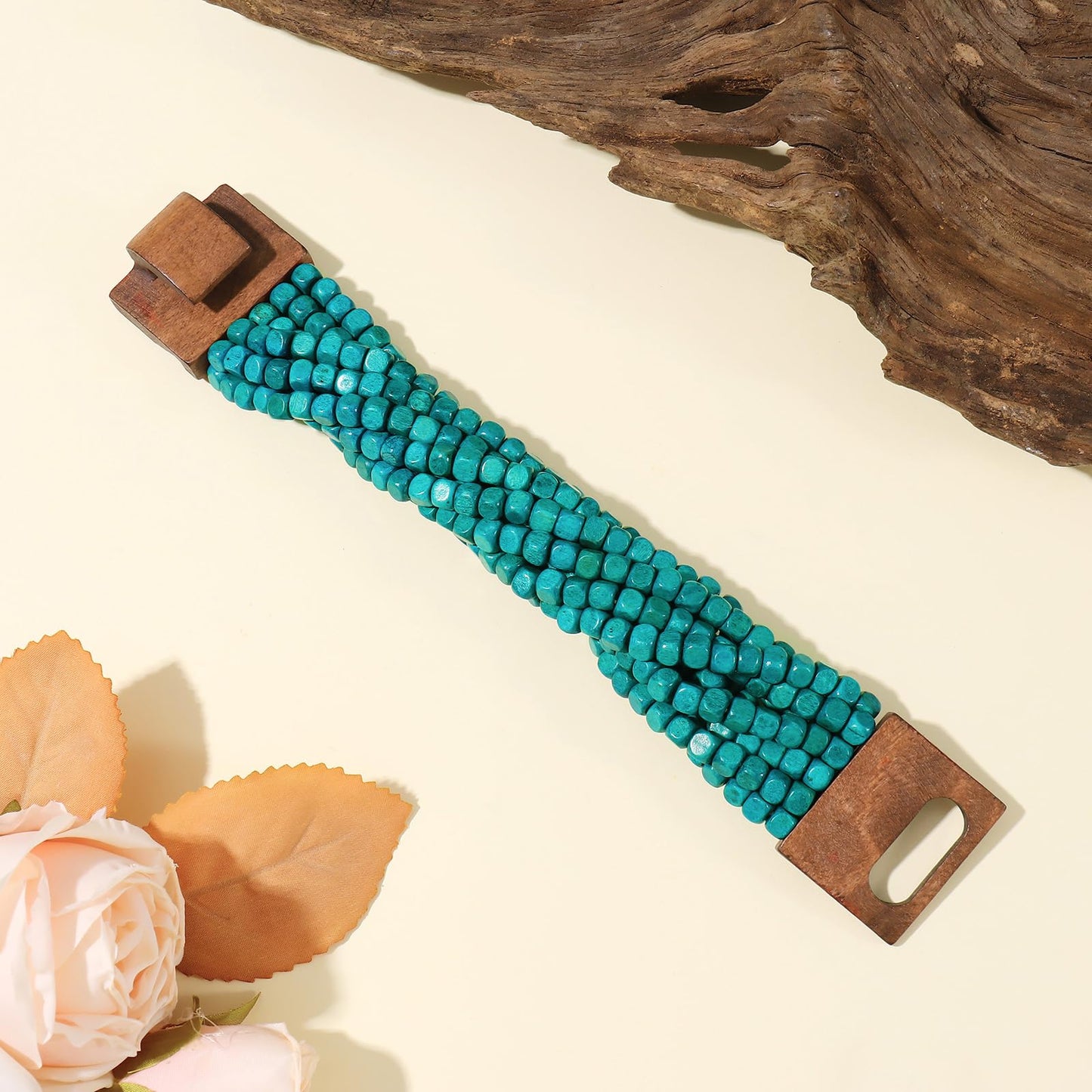 Coiris Boho Bangle Bracelets for Women Wooden Beaded Bracelets Chunky Bohemian Beach Bracelets Jewelry for Women(BR1235-Teal)