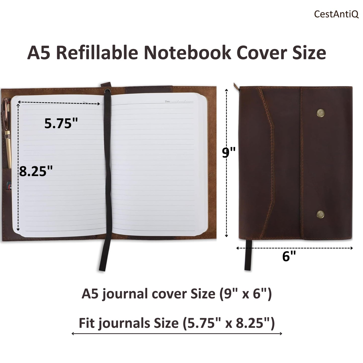 CestAntiQ Rustic Leather Journal Cover for A5 Notebooks Fits 5.75 x 8.25 Inch Sketchbooks 5.5 x 8.2 Inch Pads Refillable Organizer with Pen Loop 5 Card Slots Gift for Writers Professionals Brown