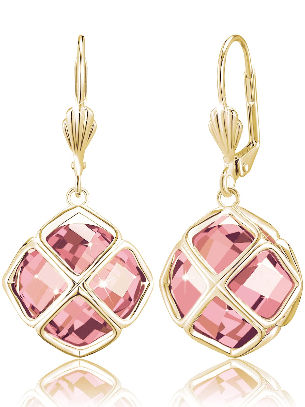 Big Rose Quartz Crystal Dangle Earrings for Women (Oct-Pink-14K Gold)