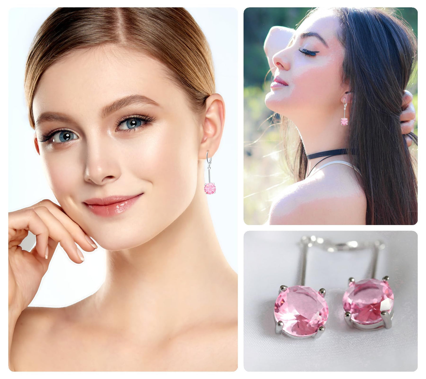 VONSSY Gemstone Drop Dangle Earrings | Platinum/Gold Plated Leverback Crystal Cubic Zirconia Hanging Red/Pink/Blue Earrings (Pink-Platinum)