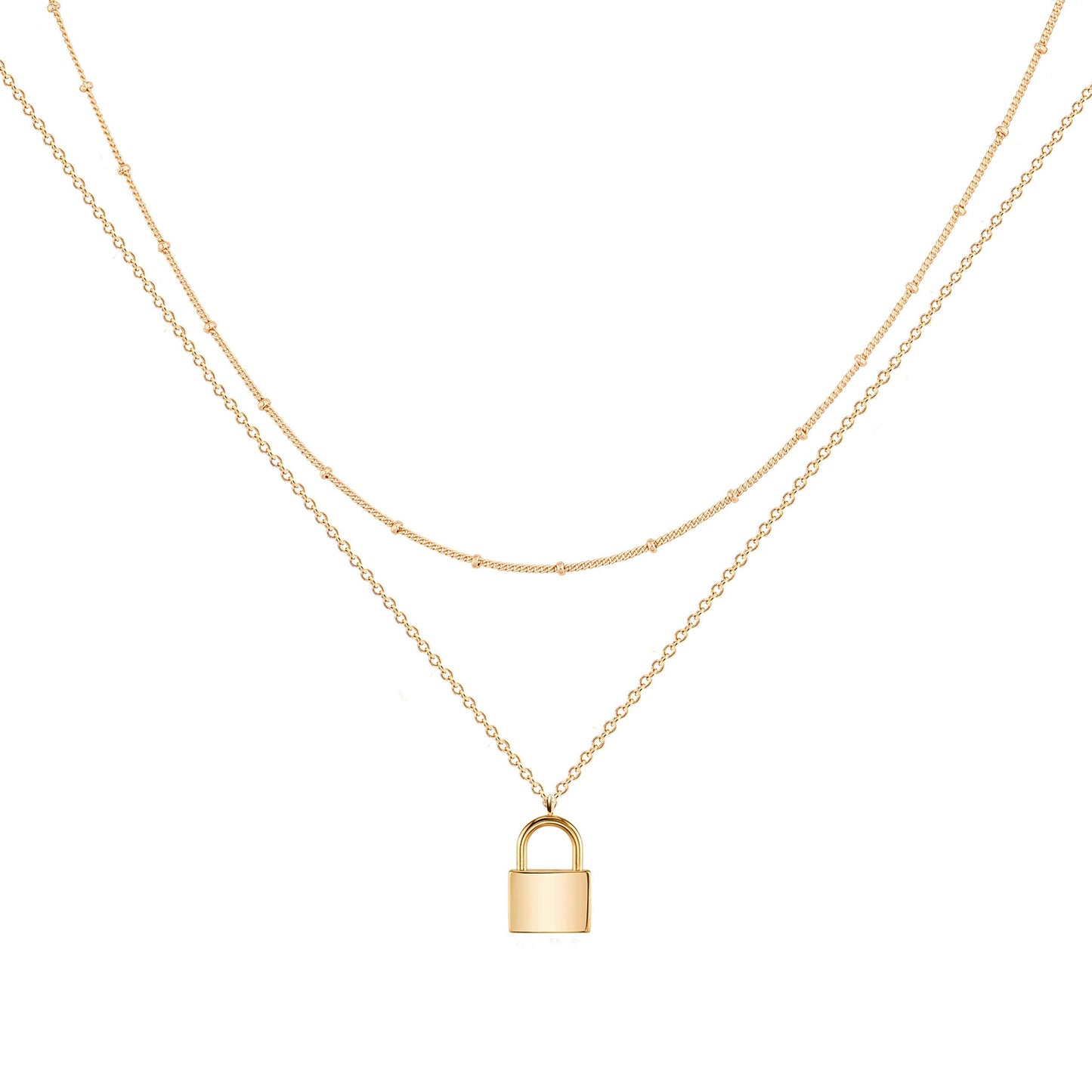 MEVECCO Gold Dainty Layer Lock Necklace,18K Gold Plated Cute Delicate Tiny Layered Bead Chain Necklace,Trendy Minimalist Necklace for Women