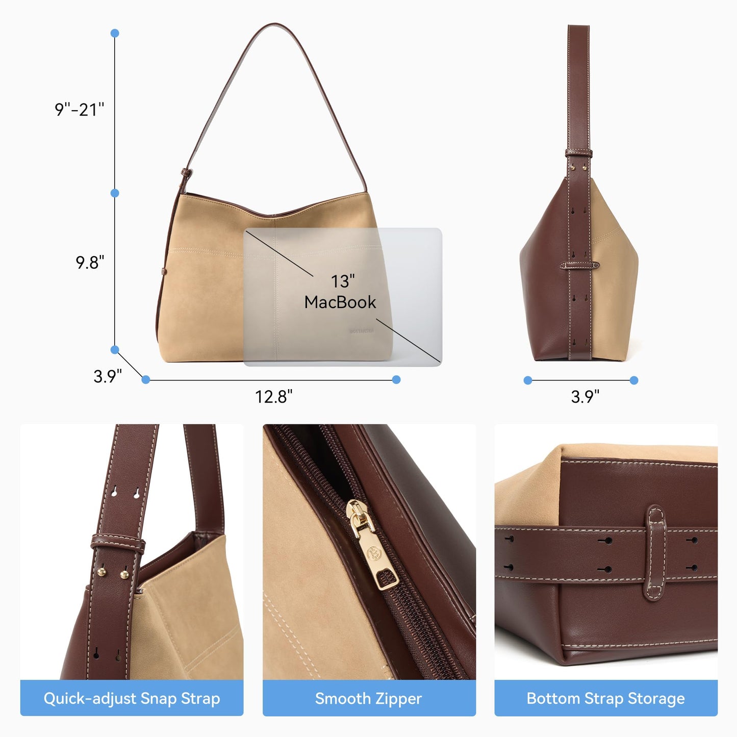 BOSTANTEN Hobo Bags for Women Suede and Vegan Leather Shoulder Handbag Purse for Everyday Work Travel Tan