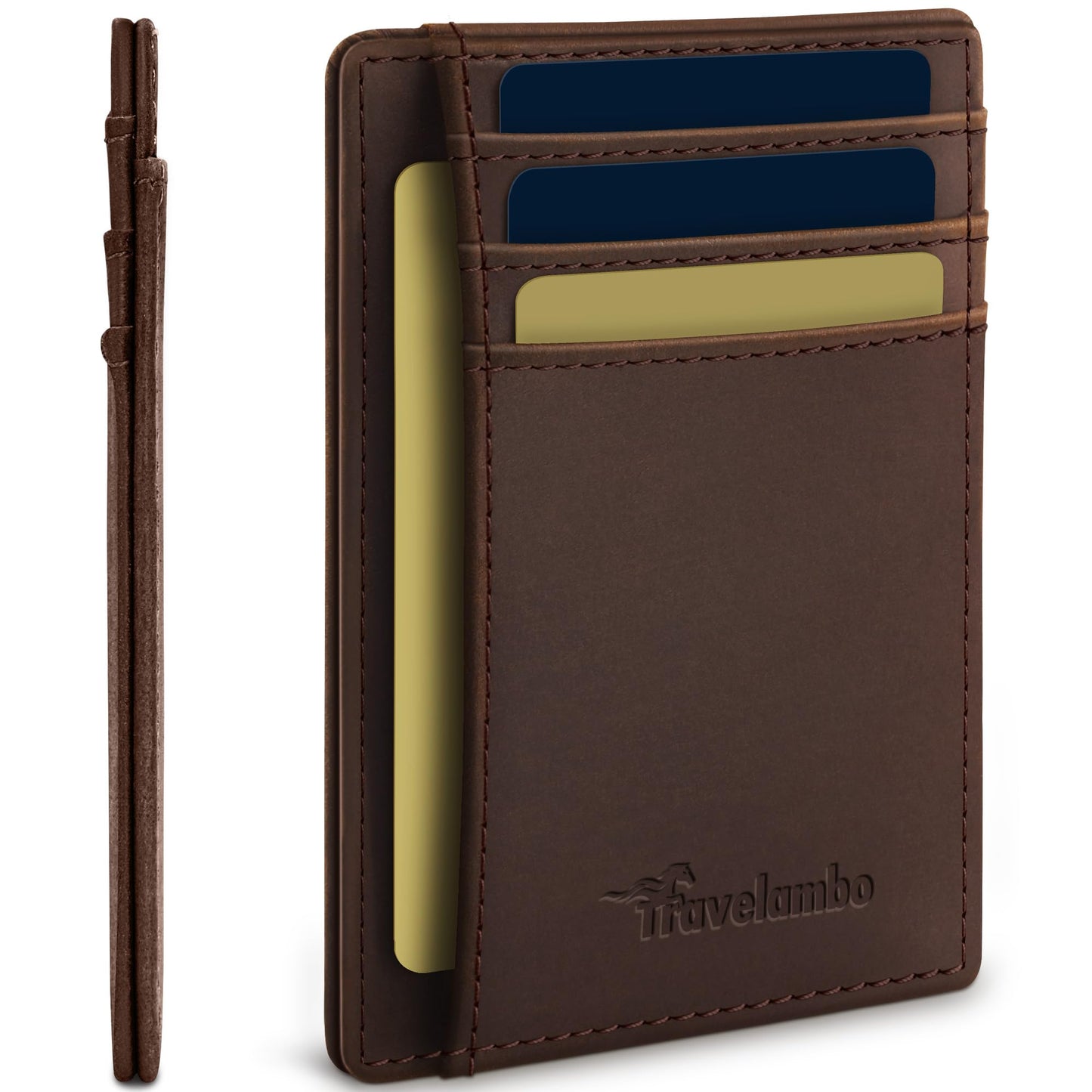Travelambo 100% Genuine Leather Wallet for Men and Women, Slim Minimalist RFID Blocking Front Pocket Credit Card Holder with Gift Box