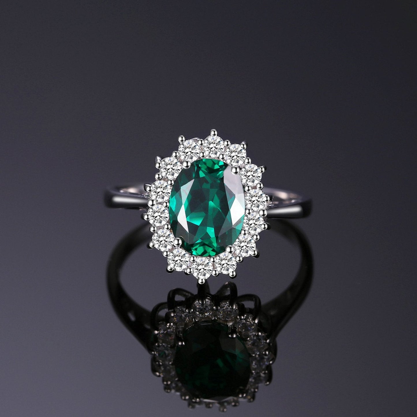 JewelryPalace Princess Diana Kate Middleton Gemstone Birthstone Green Emerald Halo Engagement Rings for Women, Anniversary 14K White Gold Plated 925 Sterling Silver Promise Rings for Her Size 10.5