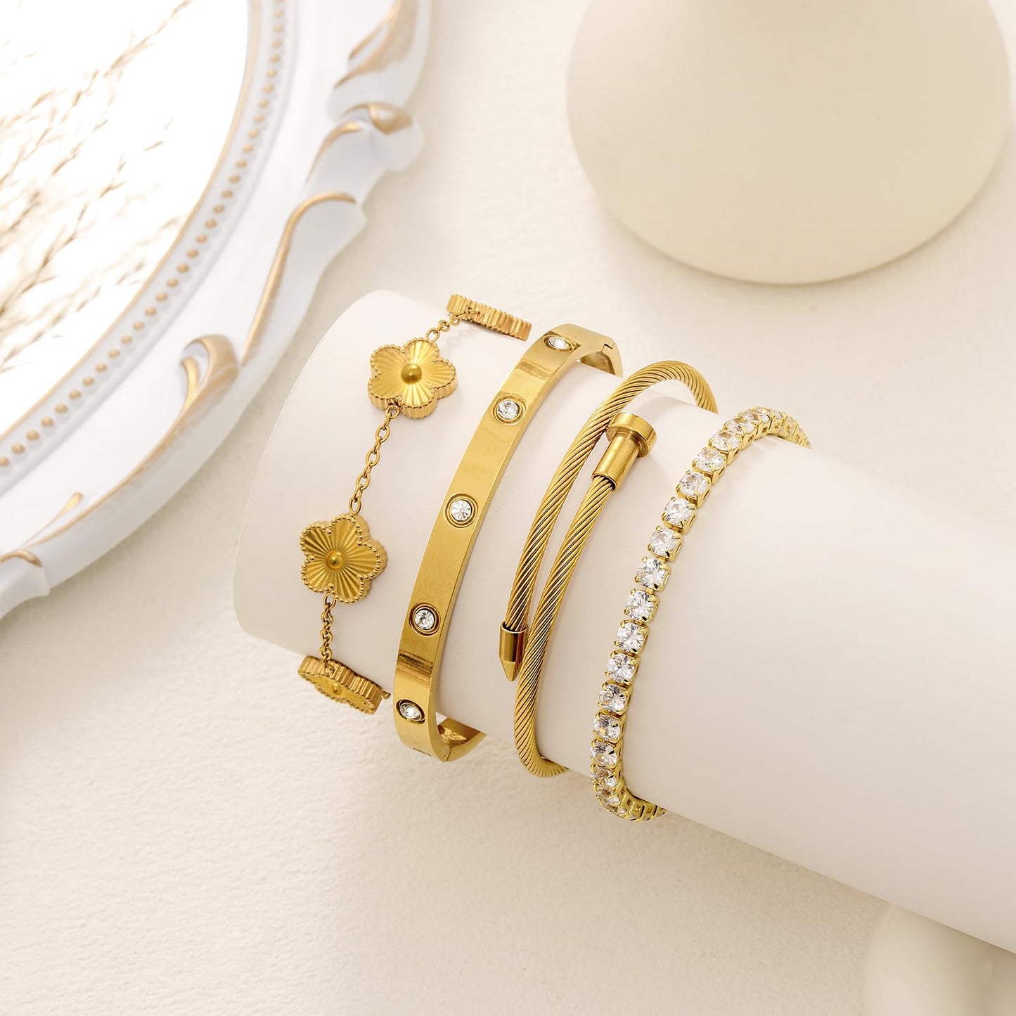 MEIERYA 18K Gold Plated Womens Stackable Floral Bracelets Set,Twisted Cable Bangle,Trendy Jewelry,Waterproof adjustable bracelet,Christmas Birthday Gifts for Girlfriend or Mother. (06-Color-gold)