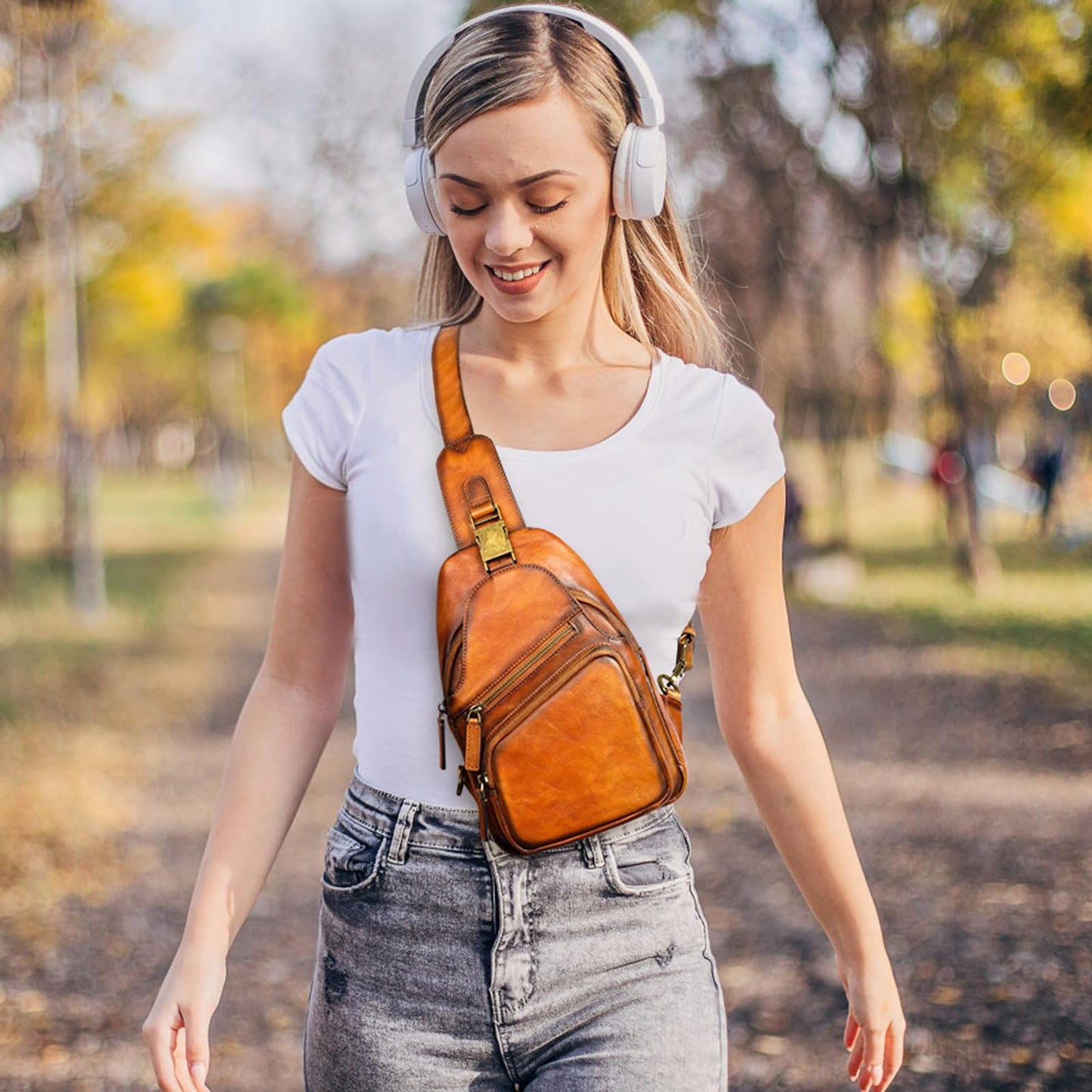NIUCUNZH Genuine Leather Sling Bag Front Metal-Latch Crossbody Bags Handmade Vintage Chest Shoulder Backpack for Women Men Brown