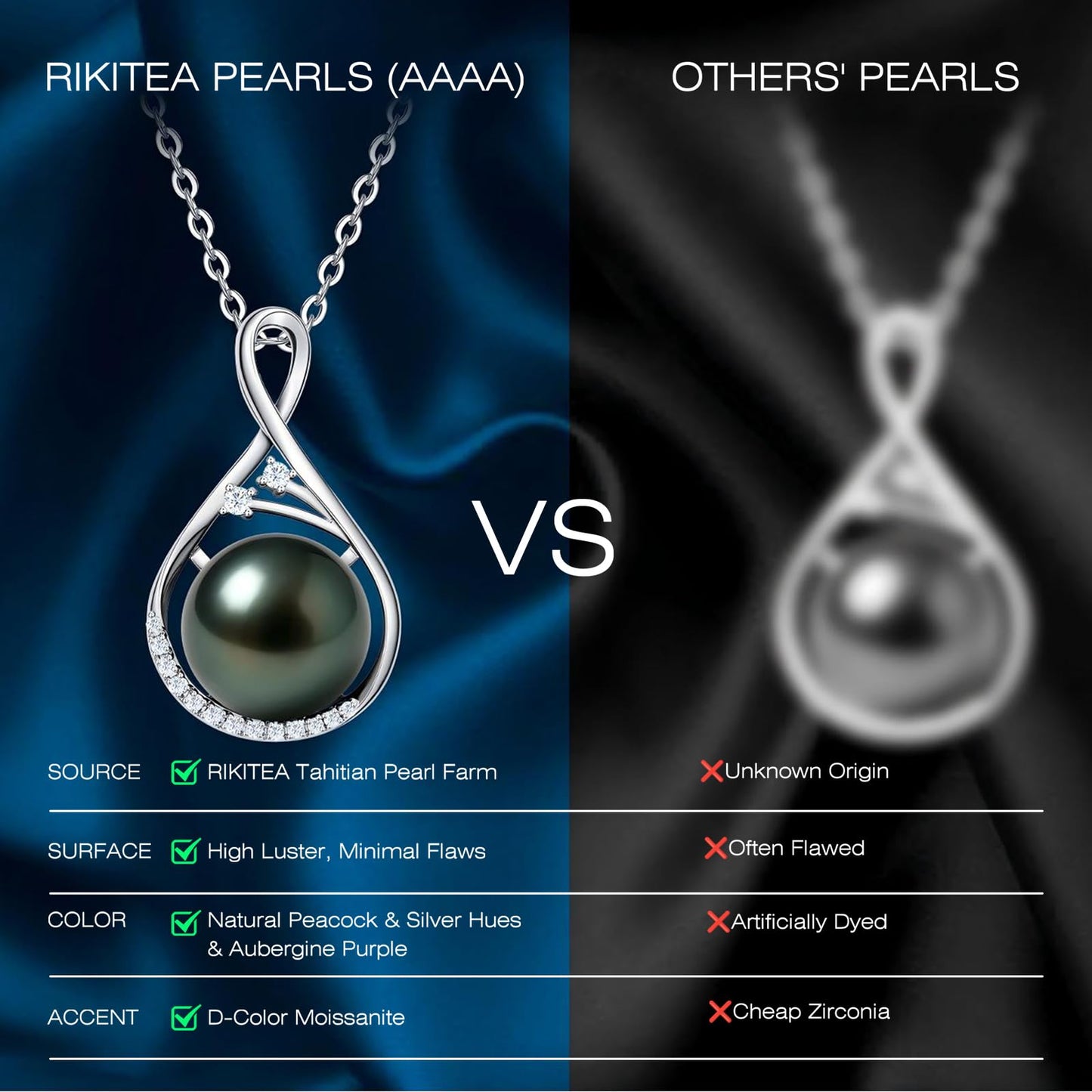 Genuine Tahitian Black Pearl Necklace - 10-11mm Seawater Pearl with Sterling Silver Infinity Moissanite Pendant, Mother Day Gift for Wife Mom Daughter, Jewelry Gifts for Anniversary Wedding Birthday