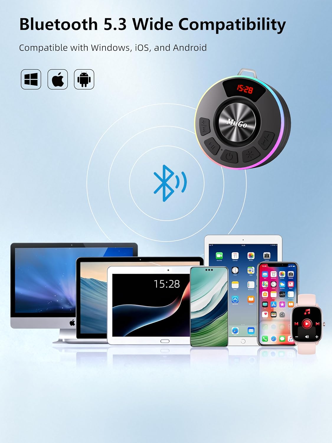 MuGo IPX7 360 5.3, 10H Waterproof Bluetooth Shower Speaker with Strong Suction Cup, Portable Wireless Speaker, HD Sound