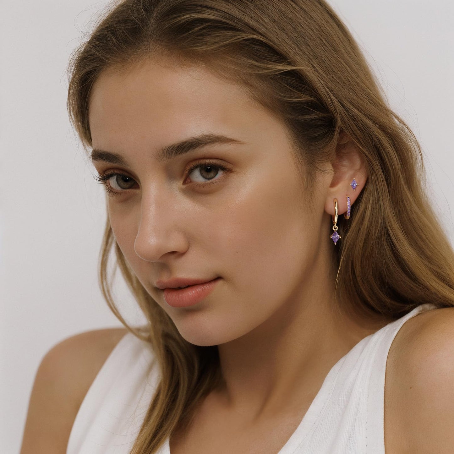 Angelady Gold Hoop Earrings Set for Women, Dainty 14K Gold Plated Purple Earrings, Hypoallergenic Purple Dangle Cartilage Huggie Hoop Earring Stacks, Amethyst Earring Trendy Jewelry Gifts