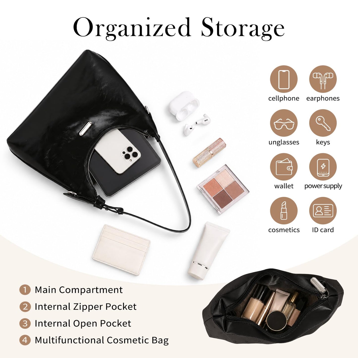 FGZ Womens Hobo Bag,Soft Vegan Leather Shoulder Bag Purse with Matching Pouch Ideal for Work,Shopping,Daily Use（Black）
