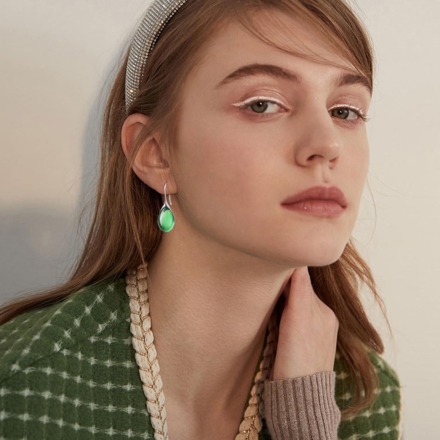 JIMARIN Lightweight Vintage Sparkly Crystal Rhinestone Teardrop Dangle Drop Earrings Bohemian14K Gold Geometry Hook Earring for Women (Silver Green)