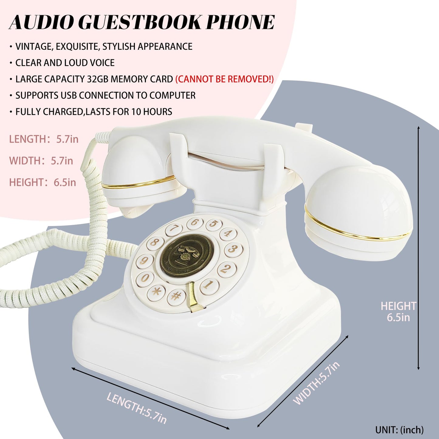 FiayaCom Audio Guest Book Wedding Phone with One-Touch Playback & Adjustable Volume for Wedding, Anniversary, Birthday Parties, Tattle Phone for Classroom(White+Sign)