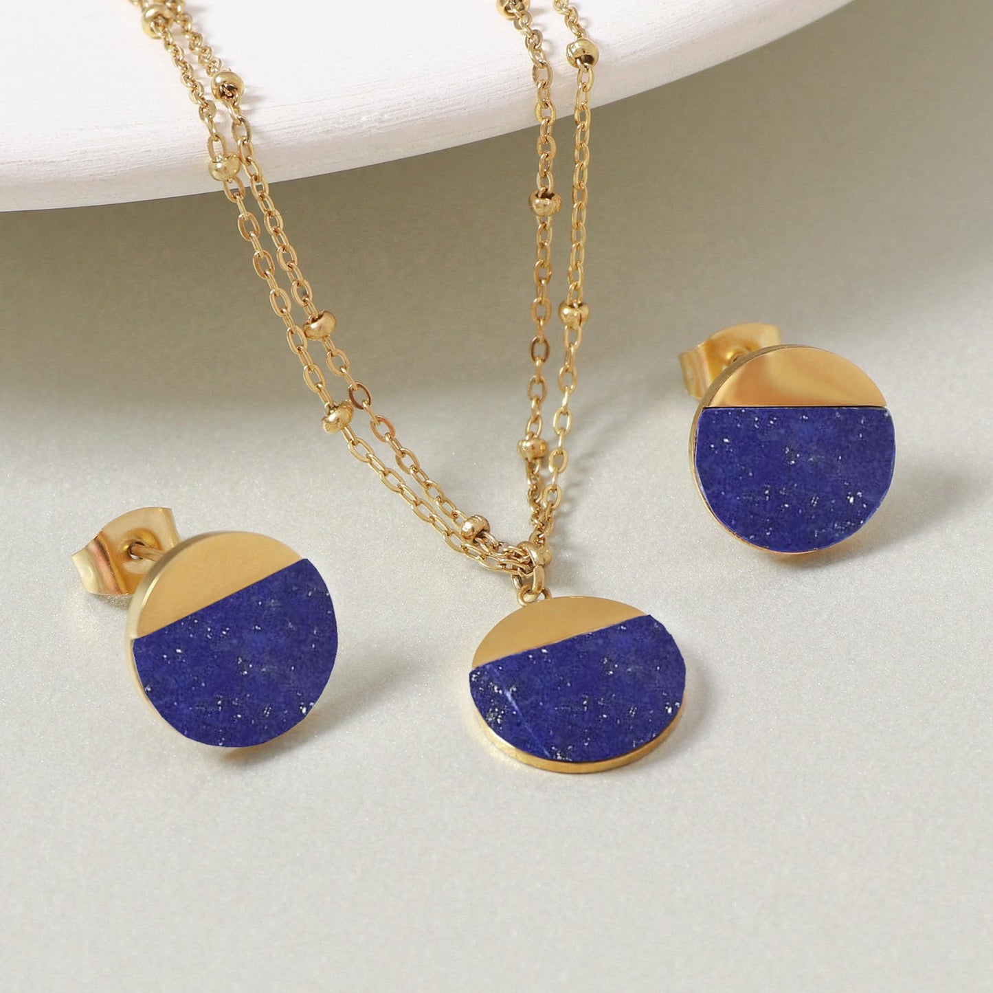TaYolnFaSo Natural Lapis Lazuli Jewelry Set for Women 18K Gold Plated Lapis Lazuli Stud Earrings Double Chain Necklace Set Dainty Jewelry Gift