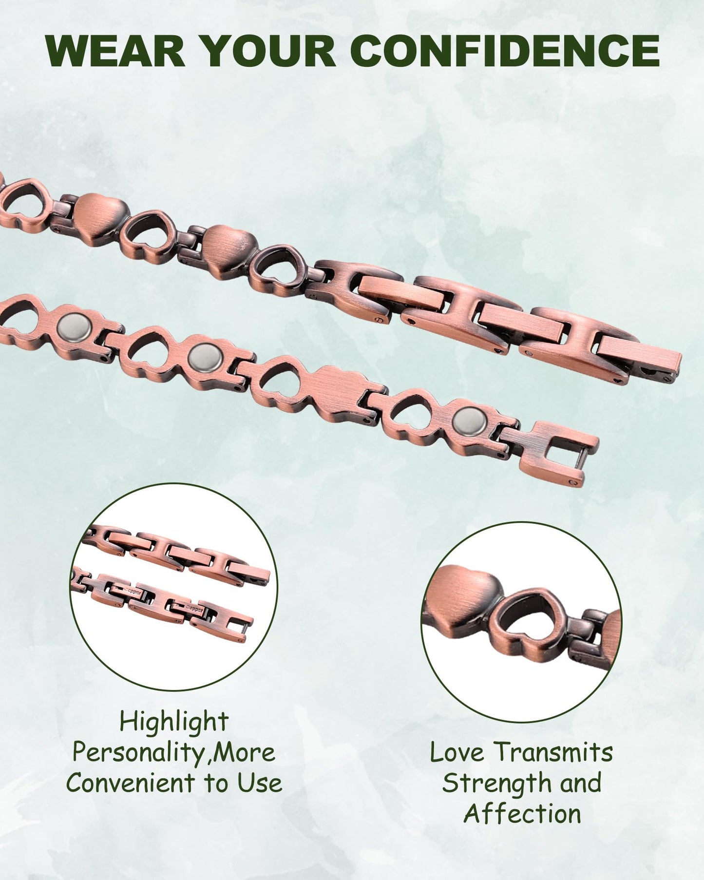 MagEnergy Copper Bracelet for Women, 99.99% Pure Solid Copper Bracelet with 3500 Gauss Magnetic, Adjustable, Jewelry Gift (Copper-Heart+Ring/A)