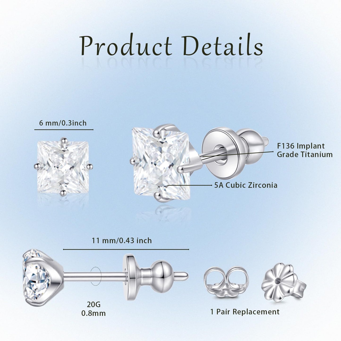 Limerencia G23 Pure Titanium Earrings F136 Implant Grade Titanium Studs 20G Hypoallergenic Round Cubic Zirconia/Princess-Cut/Square/Ball Earrings for Women Men Sensitive Ears(6mm Square CZ)