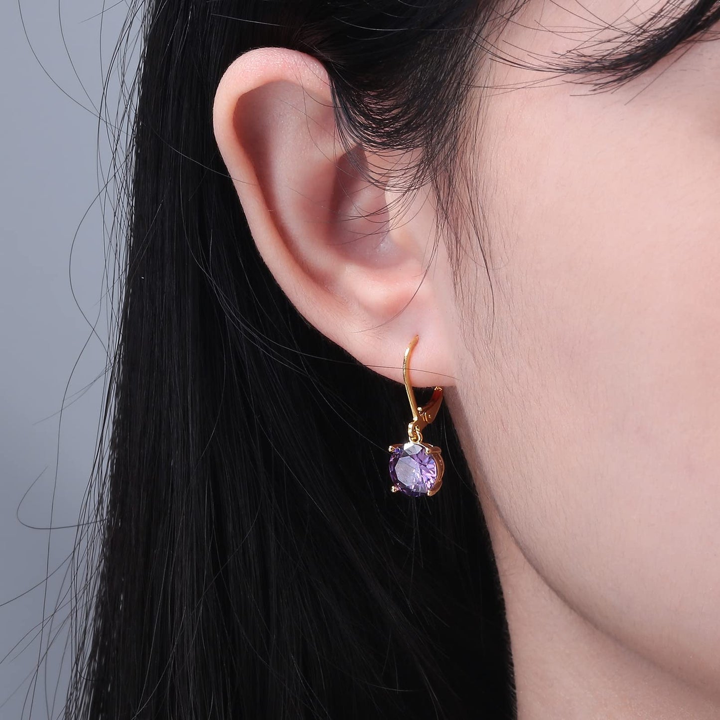 CiNily Leverback Dangle Earrings for Women Purple Cubic Zircon Pendant Earrings 14K Gold Plated Hypoallergenic Crystal Drop Earrings for Sensitive Ears Jewelry