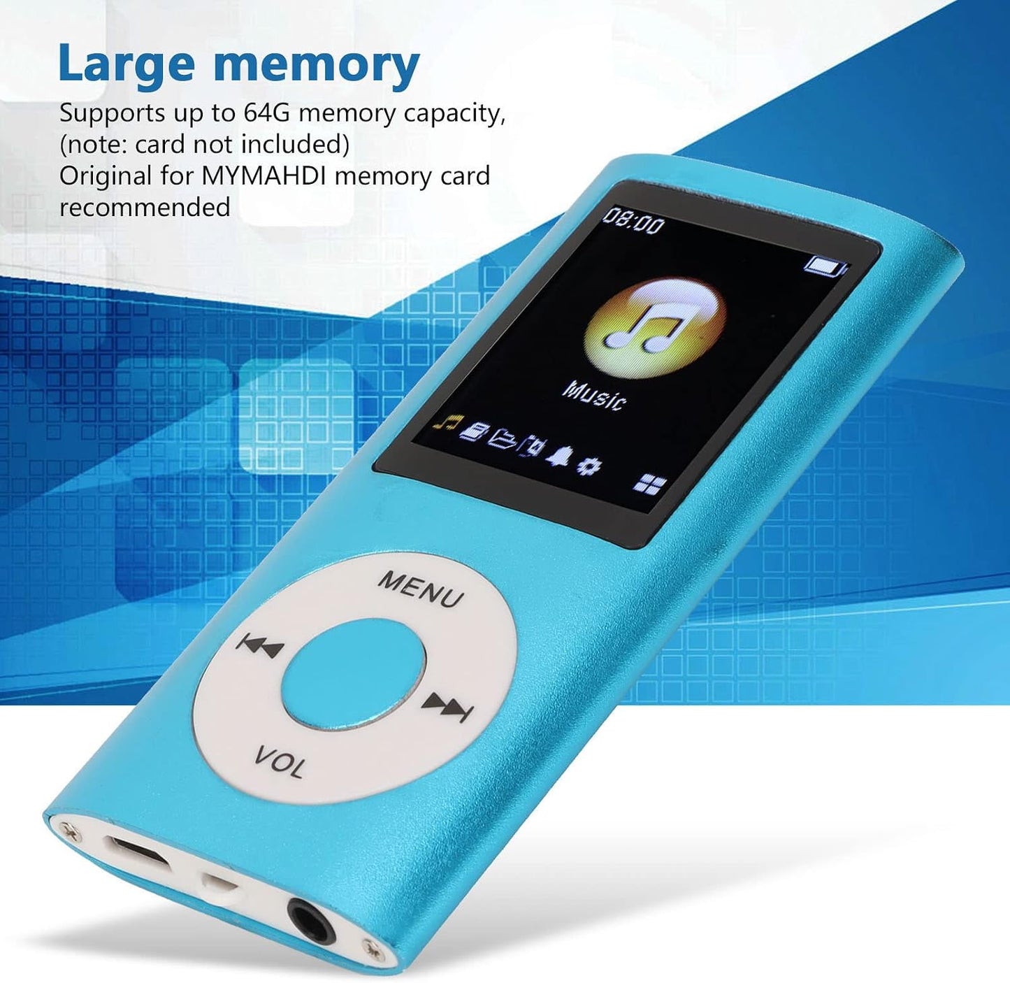 MP3 64G 1.8 8h Player, Stylish Portable Lossless Sound Music Player with Earphones, Support Memory Card, Sleep