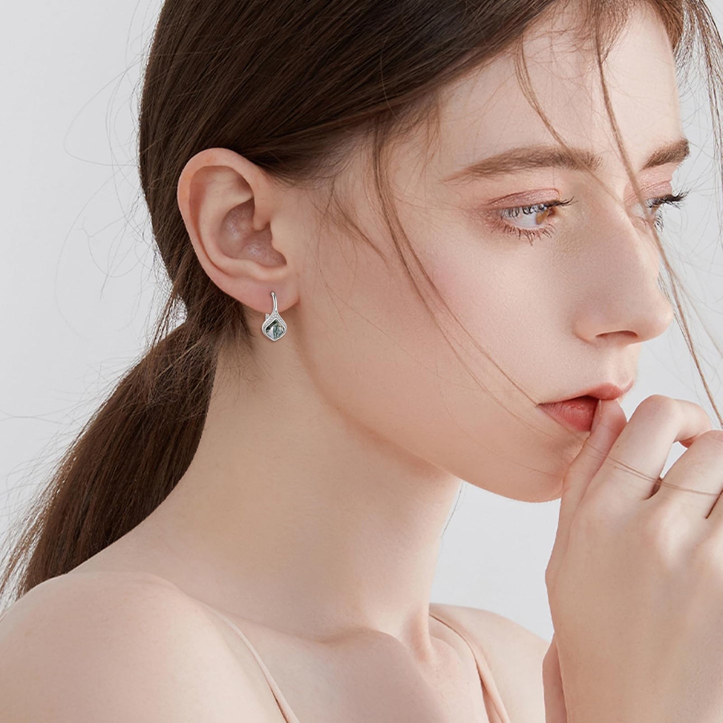 Moss Agate Drop Earrings Sterling Silver Natural Stone Teardrop Leverback Earrings Seaweed Agate Dangle Earrings Jewelry Christmas Gifts For Women