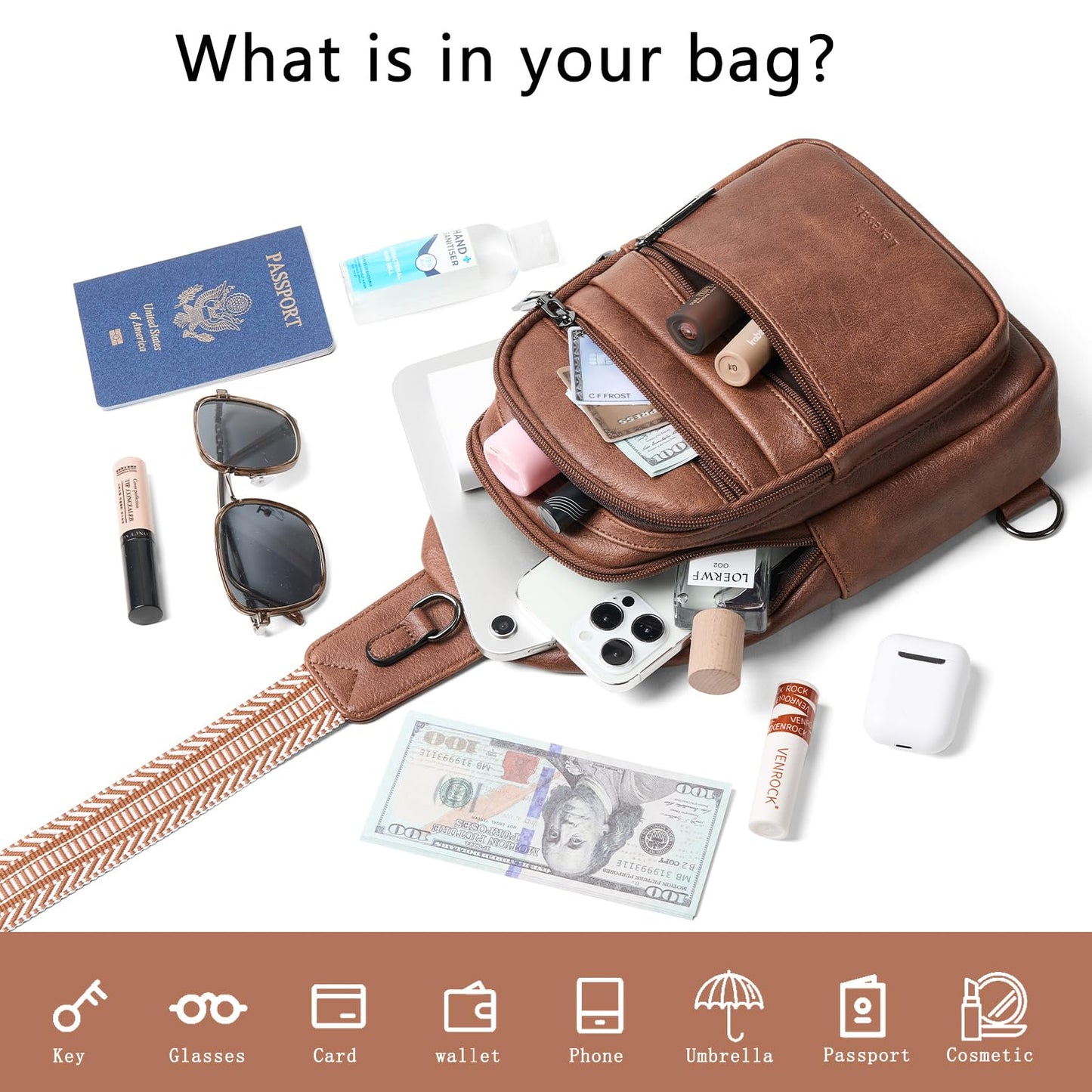 Leresas Sling Bag for Women Crossbody Bags Fanny Packs Over Shoulder Bag Sling Purse Backpack Vegan Leather Travel Handbag Purse Gifts Brown