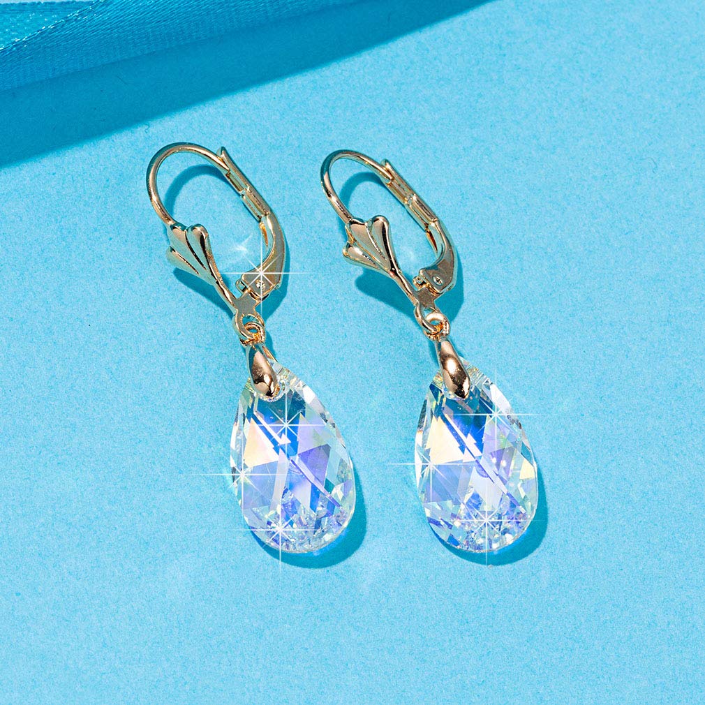Austrian Crystal Teardrop Leverback Dangle Earrings for Women Fashion 14K Gold Plated Hypoallergenic Jewelry (Aurora Borealis)