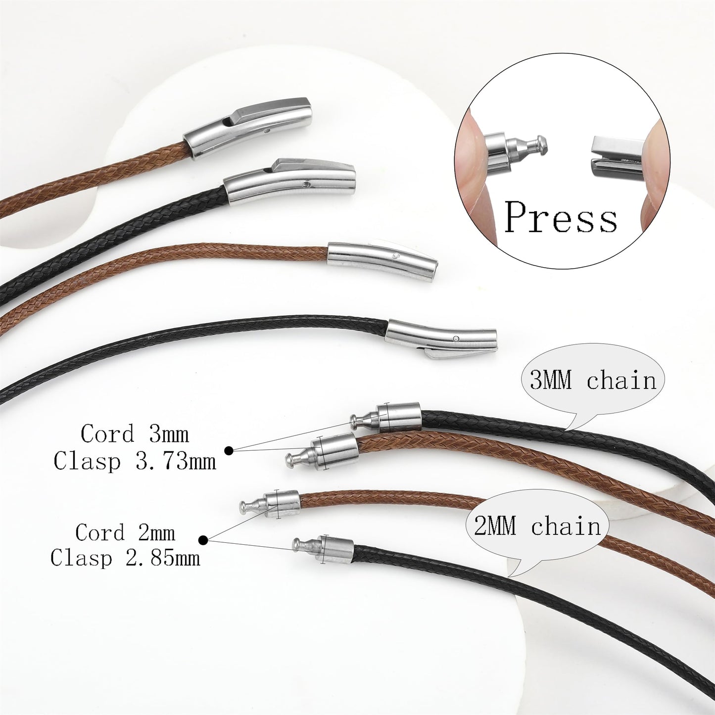 SKQIR 2mm Black Waterproof Braided Leather Cord Necklace with Durable Stainless Steel Snap Clasp Men Women Woven Wax String Rope Chain for DIY Pendant Length 26"