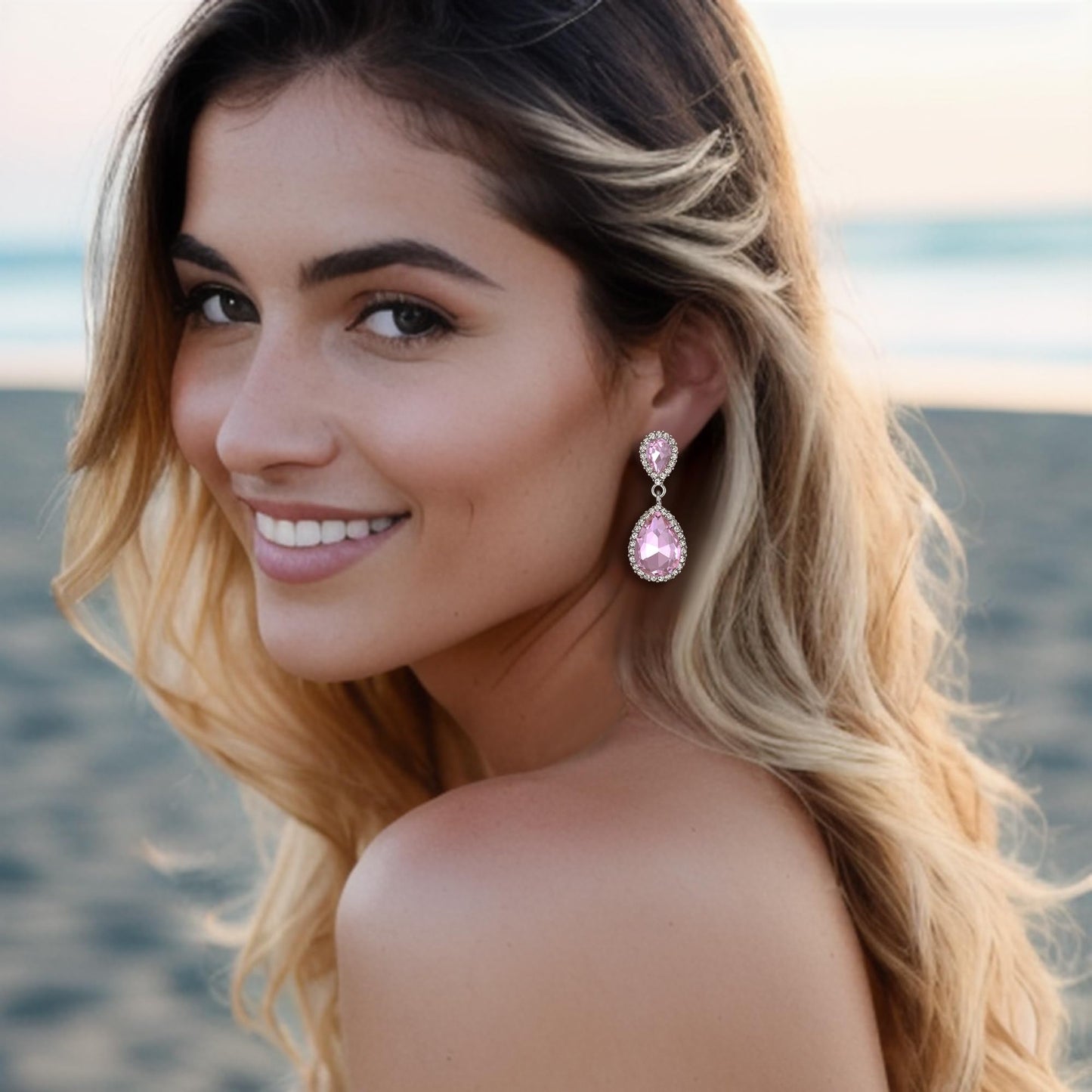 EVER FAITH Women's Austrian Crystal Wedding Tear Drop Dangle Earrings Pink Silver-Plated-Base