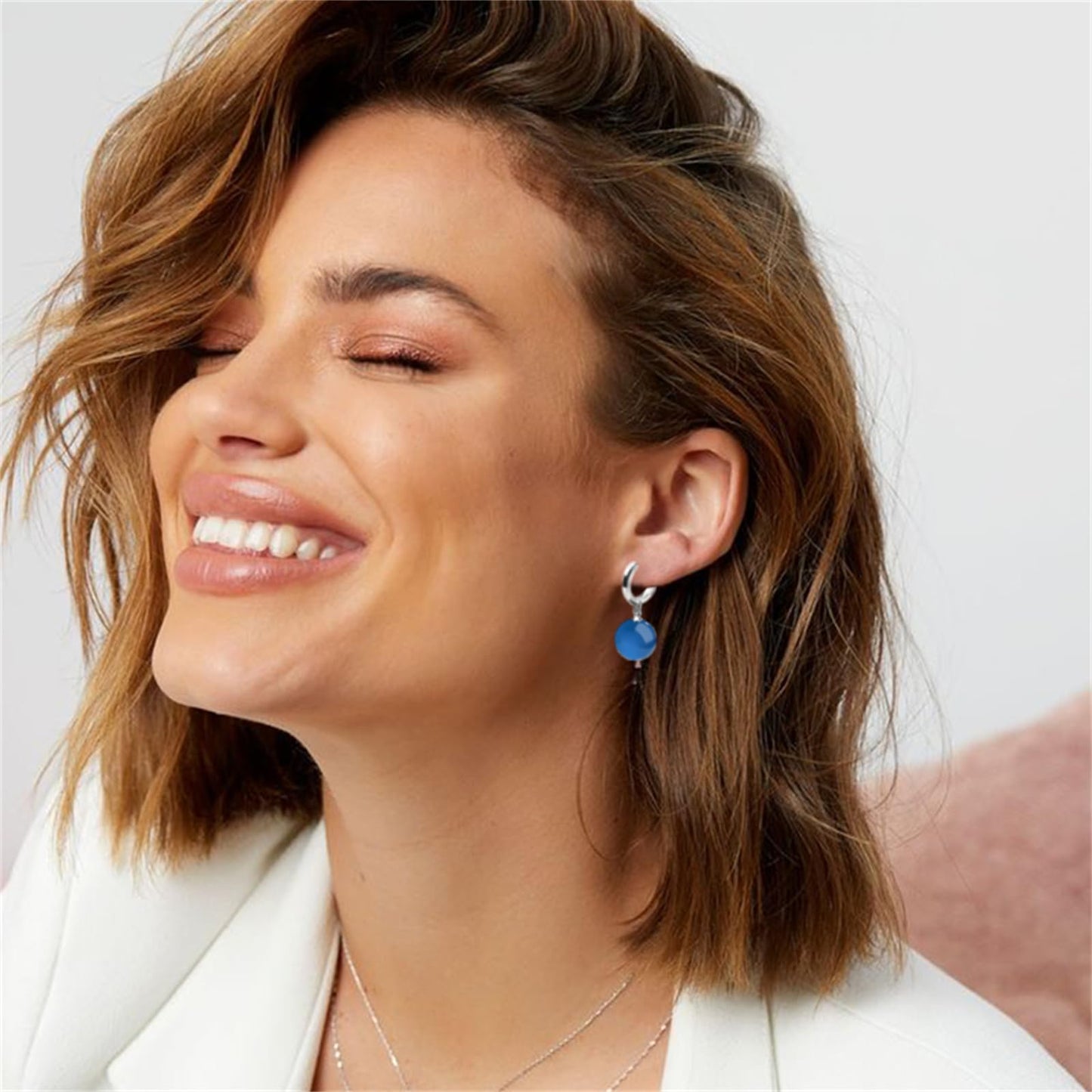 QLYOVWE Handmade Jade Earrings Basic Gemstone Round 12MM Bead Ball Drop Dangle Earrings Rose Quartz Stone Natural Agate Bead Jade Drop Earrings for Women (Blue)