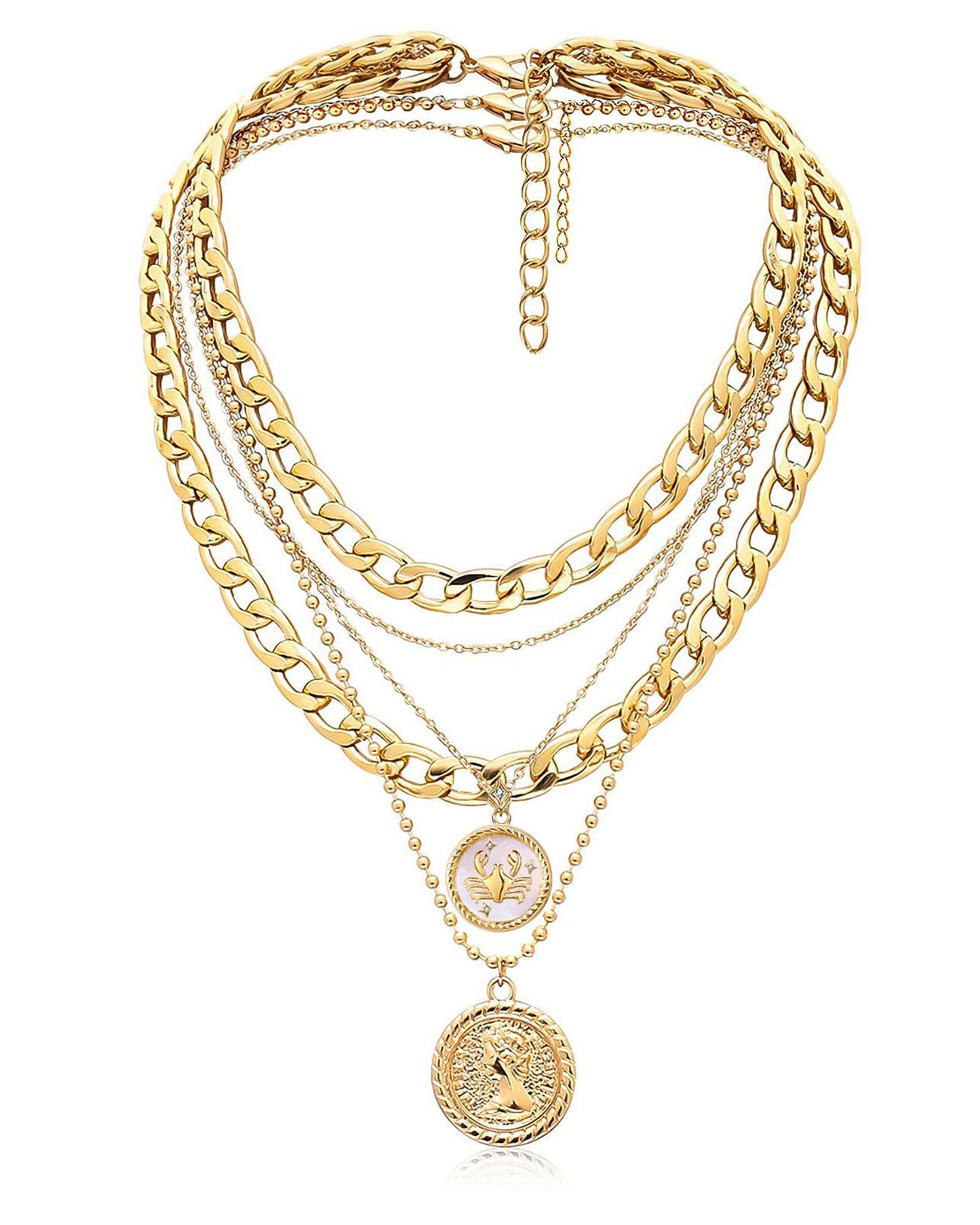 MJartoria Gold Layered Necklaces for Women Trendy Retro Coin Pendant Necklace Dainty Chunky Chain Choker Necklaces for Jewelry Birthday Gifts (Gold, Zodiac-Cancer-3PCS Layered)