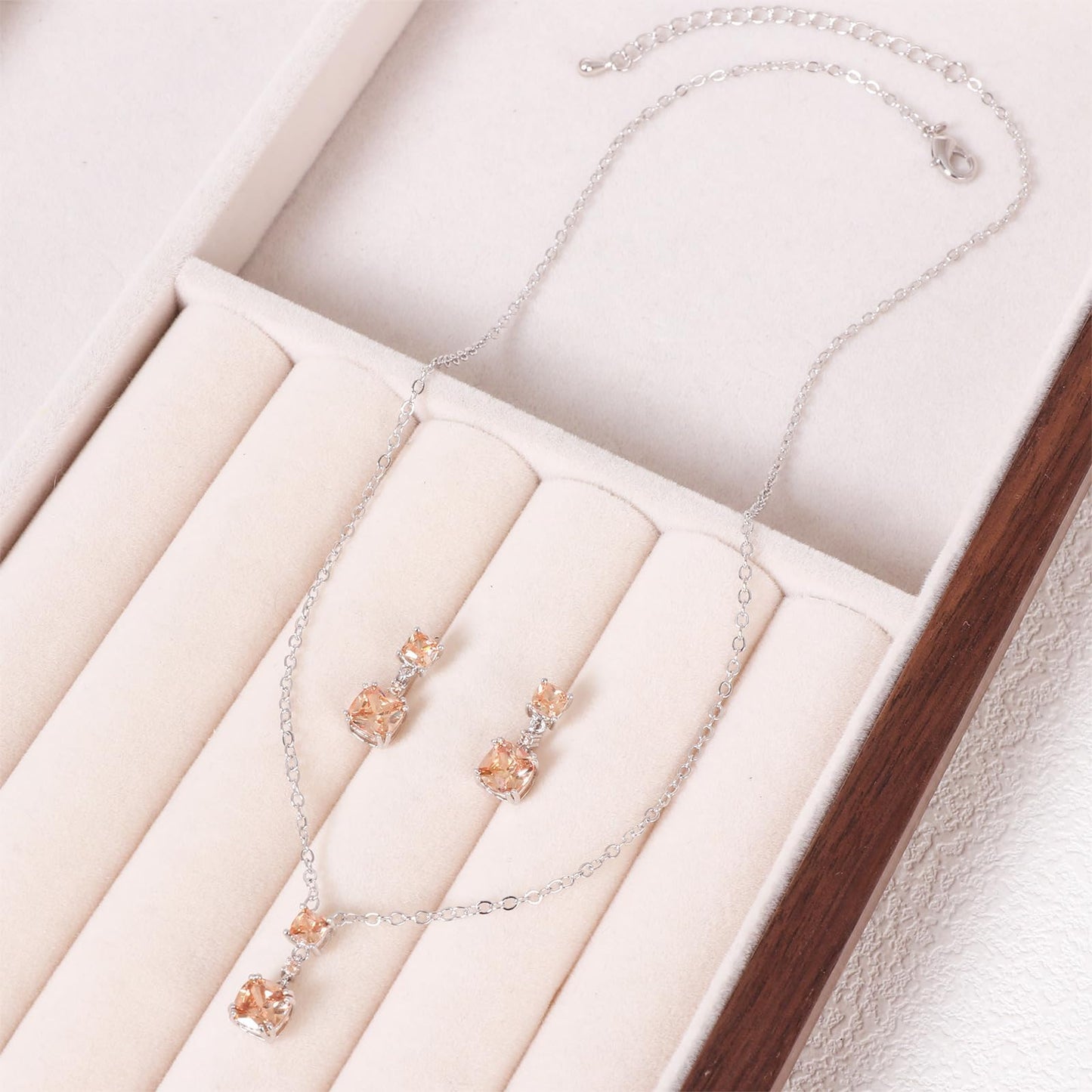TaYolnFaSo Champagne Cubic Zirconia Jewelry Sets for Women White Gold Plated Cushion-Cut Necklace Earring Set Champagne Jewelry Birthday Gifts for Mother