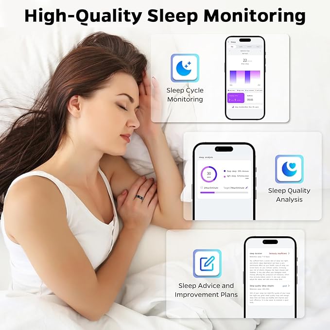 Ultra-Thin Smart Ring for Women Men,Sleep Tracker Ring with Heart Rate, Waterproof Fitness Ring for Activity Monitoring/Steps/Calories,No Subscription Fee,for iSO & Android (Black,7#)
