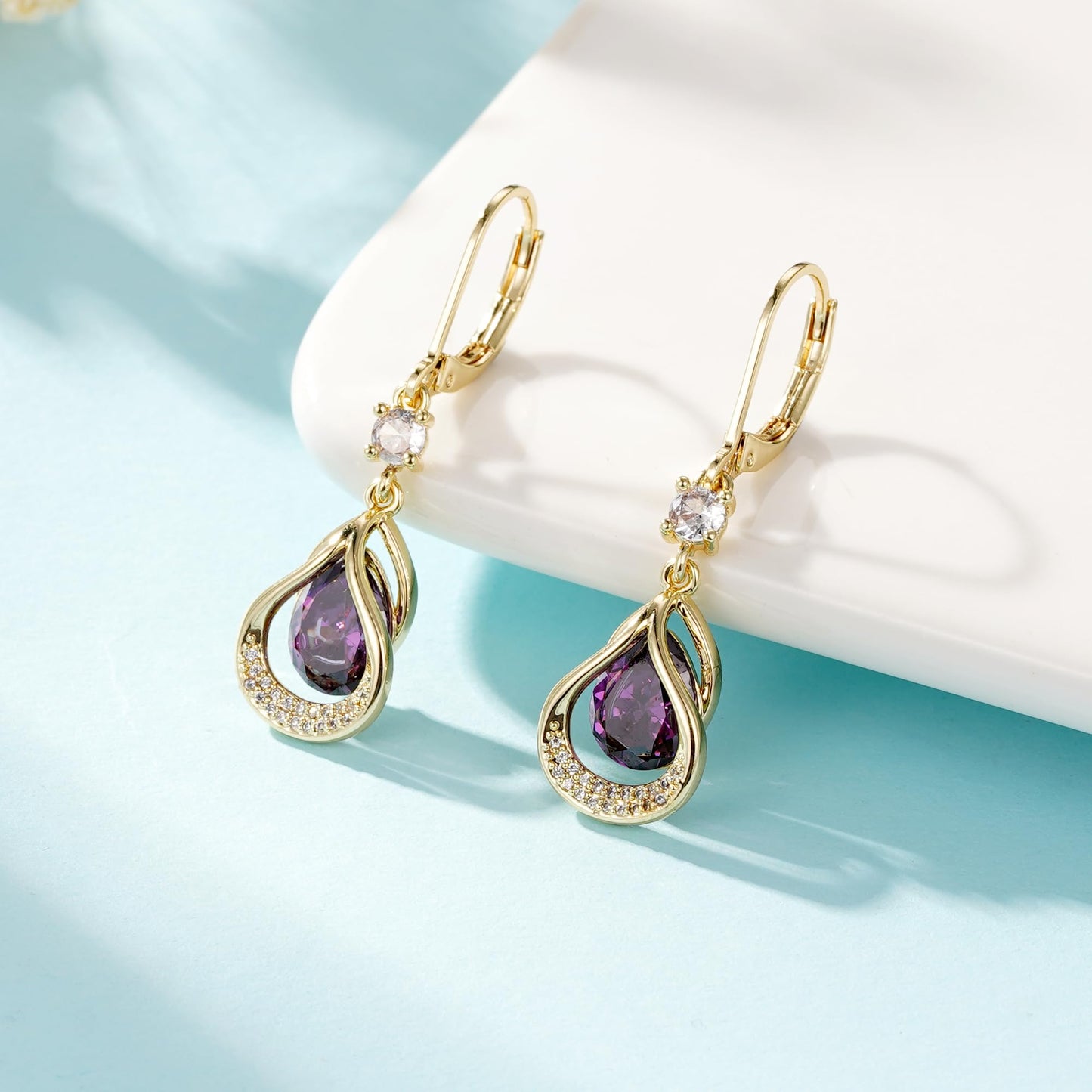 Dangle Trendy Leverback Birthstone Earrings 14K Gold Plated Teardrop Dangle Earrings Jewelry Christmas Birthday Gifts for Women (Gold February)