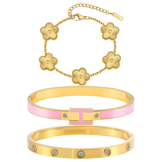Camhanno Gold Clover Bracelets for Women - 18K Gold Plated Stainless Steel Dainty H Bangle Bracelets| Daily & Party Wear Jewelry, Easter Christmas Mothers Day Gifts