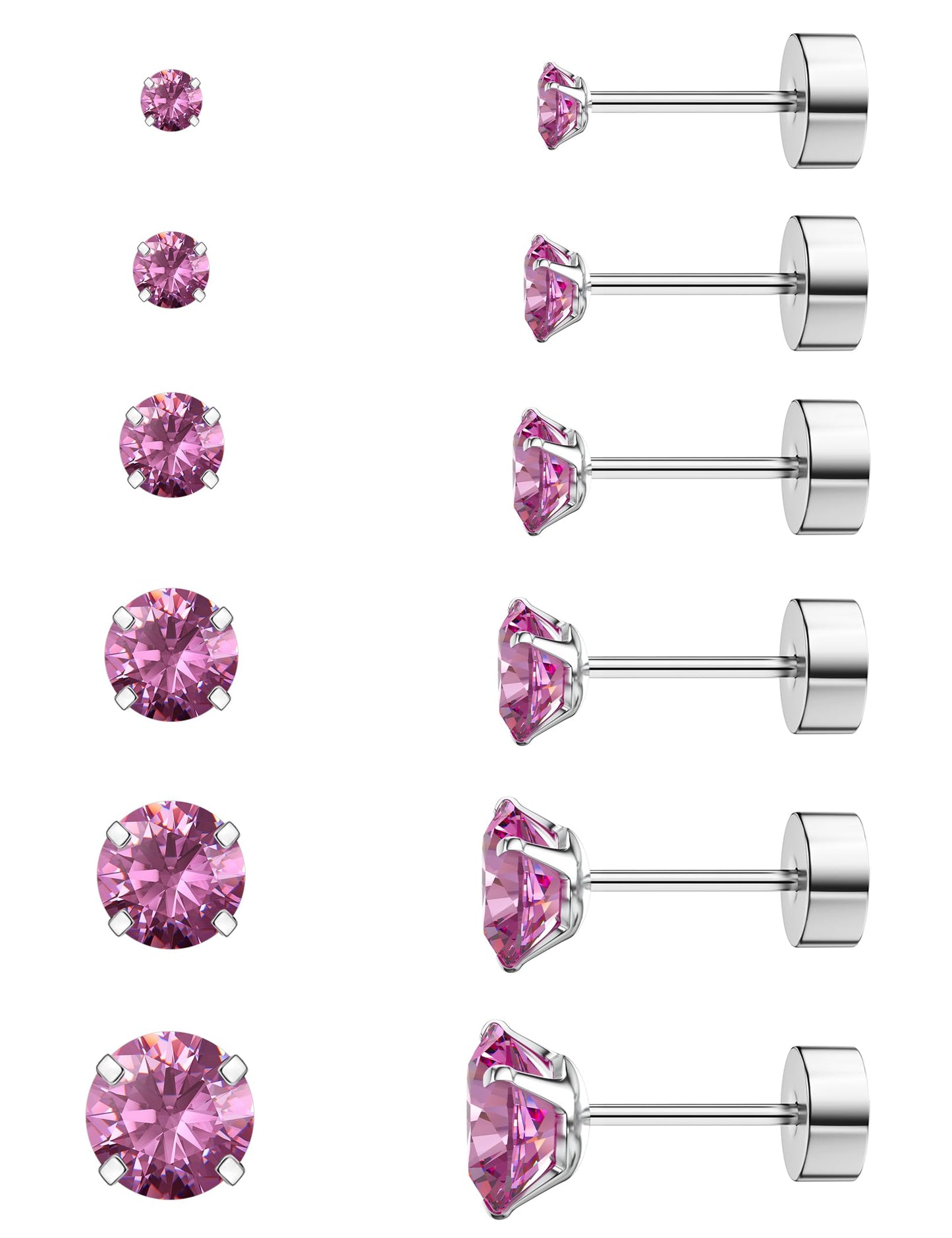 6 Pairs Hypoallergenic Cubic Zirconia Earrings Surgical Steel Flat Back Studs for Cartilage, Screw Back Fashion Jewelry
