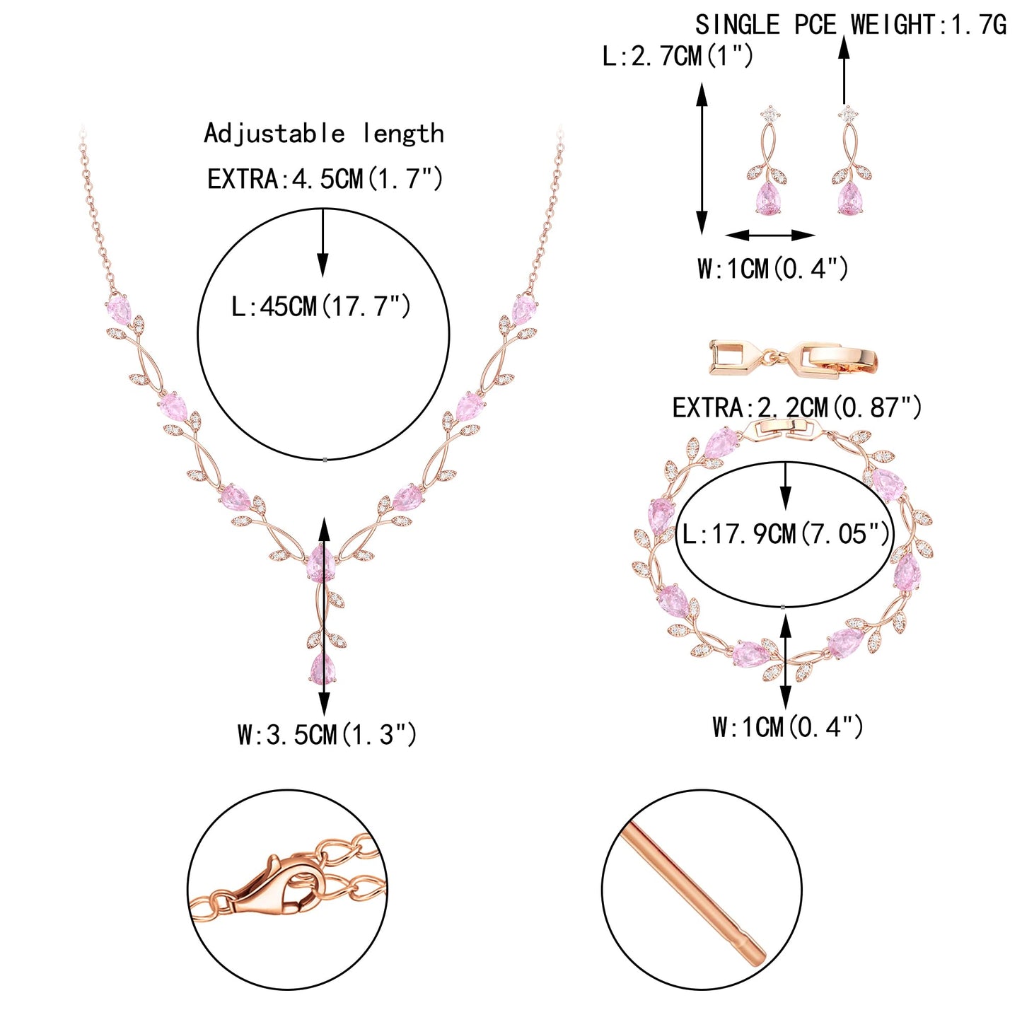 EVER FAITH Wedding Prom Jewelry Set for Bridesmaid, Pink Teardrop Cubic Zirconia Rose Gold-Plated-Brass Bridal Party Necklace Dangle Earrings Bracelet Sets for Women Gift for Mother Friend Wife